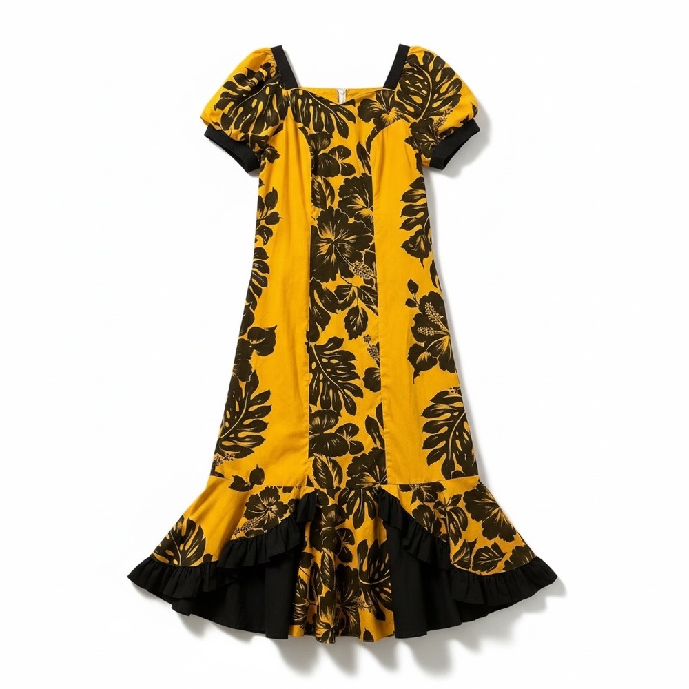Vintage 1970s Rainbow Hawaii Womens Maxi Dress Ruffle Hem Yellow Black Large